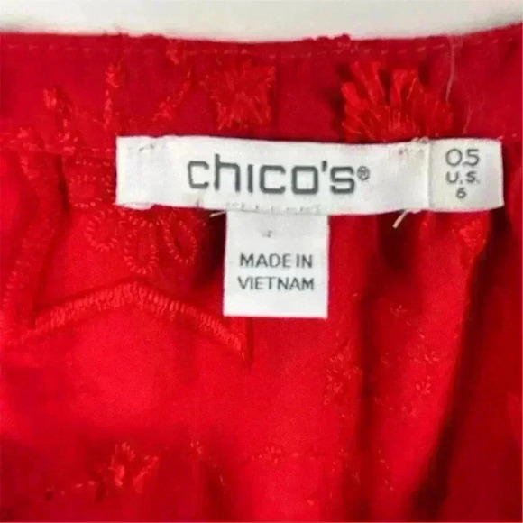 Chico's Women's Embroidered Stars Peasant Top Blouse Red Size 6 Casual - Picture 4 of 9